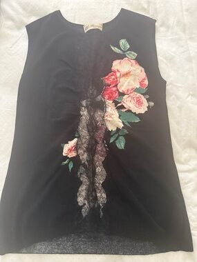 Blumarine Black Sleeveless Top with Pink & Cream Rose Appliqué